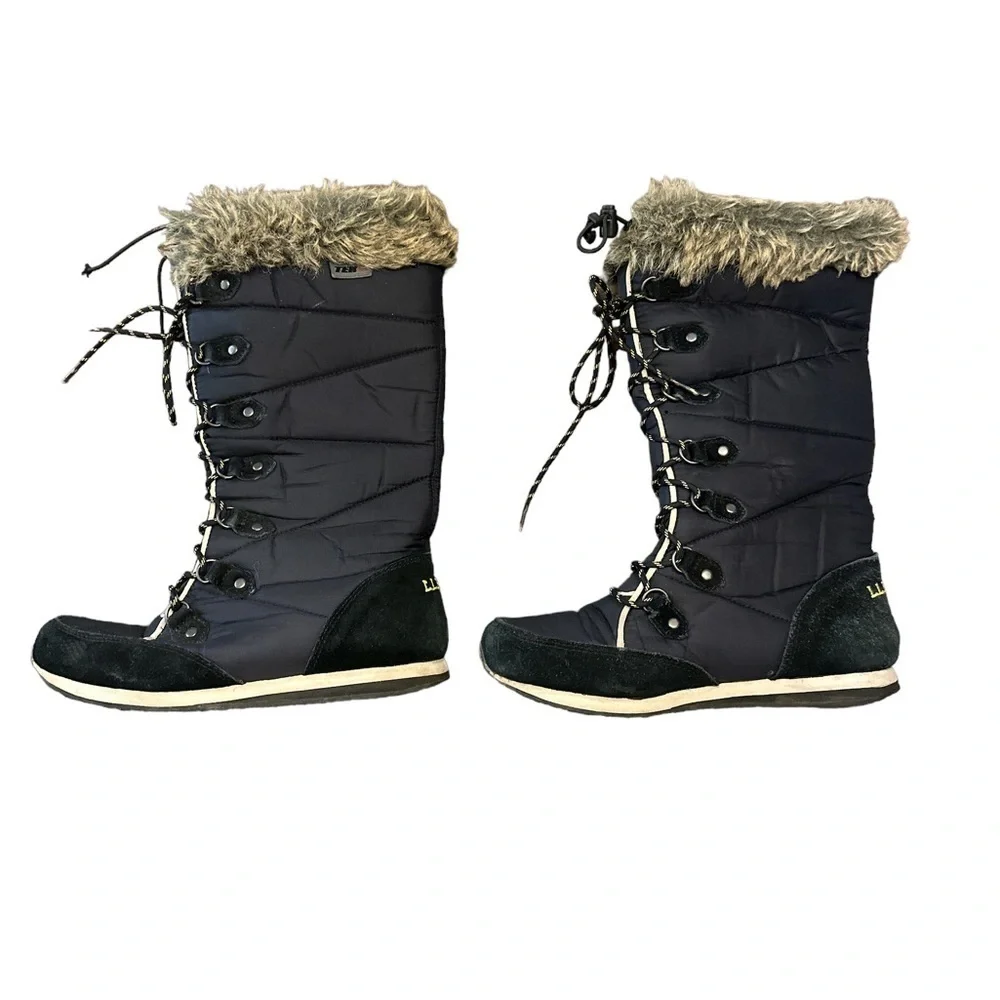 L.L. Bean 284883 Carabassett Fur Lace Up Boots in Black Size 7 Very Good‎